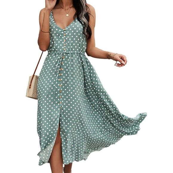 Unbranded Dresses & Skirts - Boho Polka Dot Cami Dress Mint Green Midi V-Neck Sleeveless M